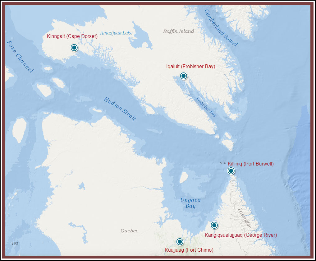 Map of Hudson Strait and Ungava Bay showing the major places visited by Barbara Hinds and Rosemary Gilliat in the summer of 1960