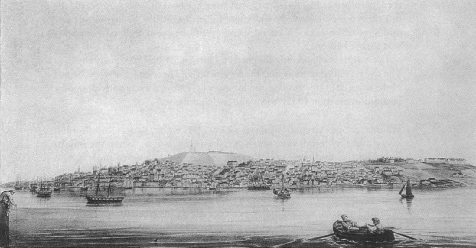 Black and white image of painting by William Hickman of Halifax in 1860, from the Dartmouth side of the harbour