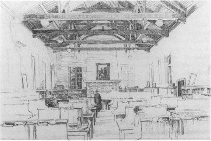 Sketch of the interior of the Macdonald Memorial Library, looking west.