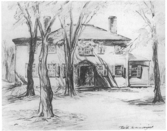 Black and white rendition of original watercolour of the Murray Homestead.