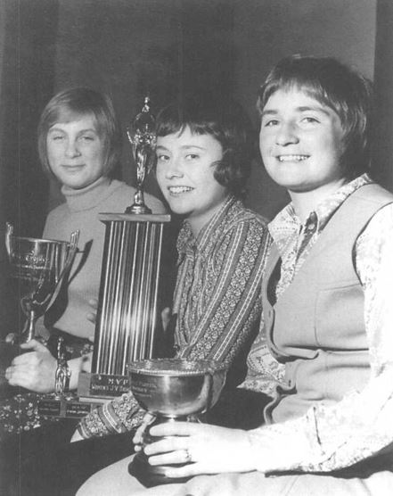 Photograph of student athletes Gail McFall (swimming), Carol Sparks (basketball), and Nancy Dunbrack (hockey).