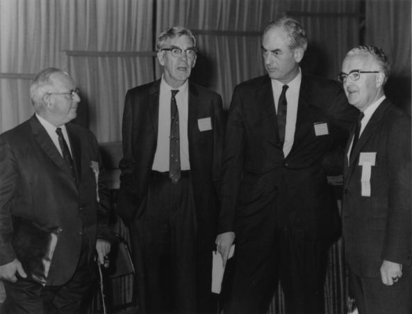 Photograph of R.C. Dickson, retired Head of Department of Medicine; C.B. Weld, retired Head of Physiology; Sir Peter Medawar, honorary degree recipient; Chester Stewart, former Dean of Medicine.