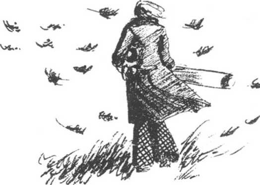 Drawing of a woman walking with a poster under her arm.